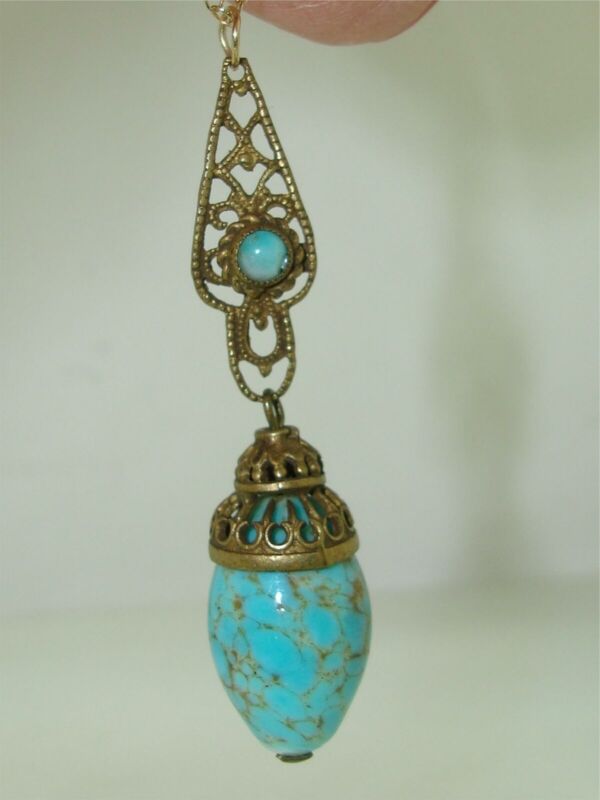 Antique opal and Venetian turquoise pendant necklace with gold-filled filigree design