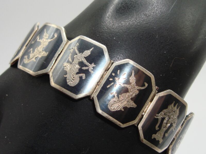 Vintage Sterling Silver Niello Bracelet from Siam (Thailand) - 7 inches