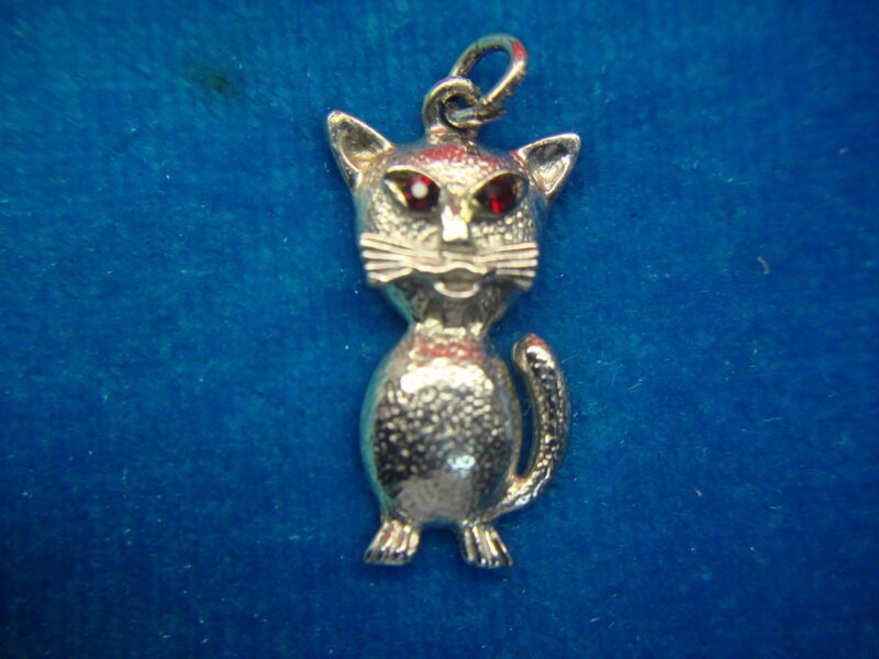 Vintage Wells Sterling Kitty-Kat Charm with Red Stone Eyes