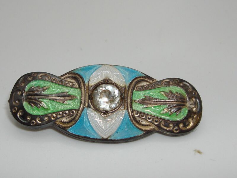 Antique Art Nouveau silver & enamel pin with cloisonné and faceted stone
