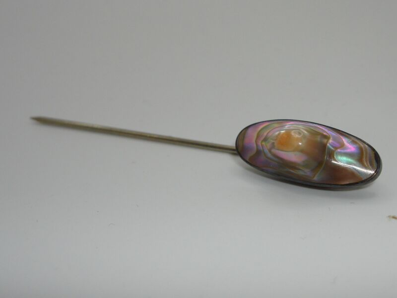 Antique Victorian sterling silver stick pin with iridescent blister pearl