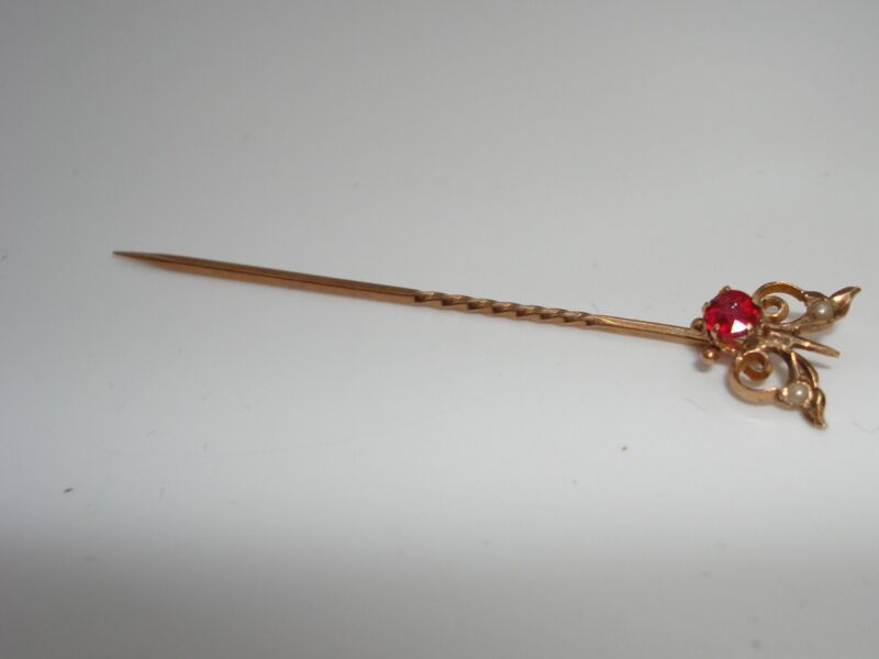 Antique Art Nouveau rose gold stick pin with seed pearls and pink paste stone