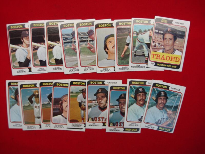 Vintage 1974 Topps Boston Red Sox baseball cards in a lot of 18