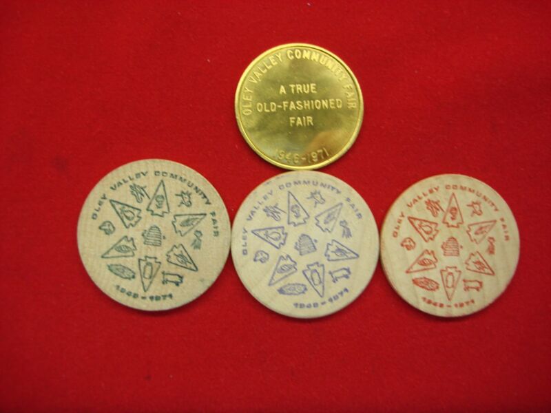 Vintage 1971 Oley Valley Community Fair tokens - wooden nickels and brass medallion
