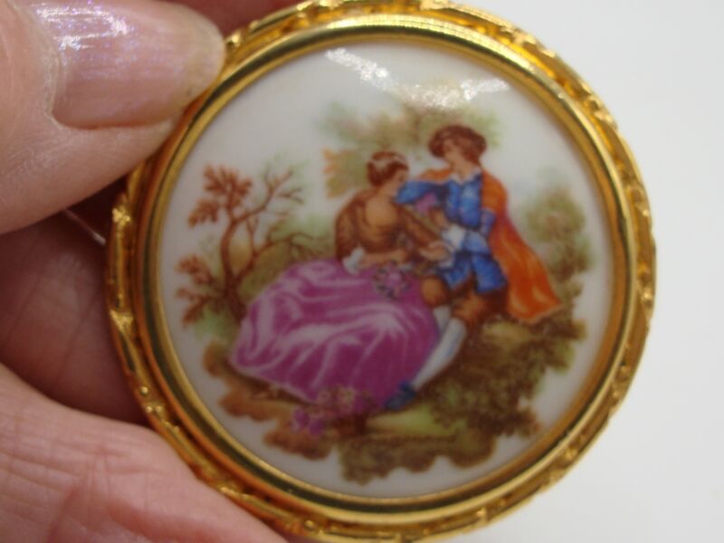 Signed Fragonard Limoges Porcelain Brooch | Vintage Mid-Century Trumpet Clasp