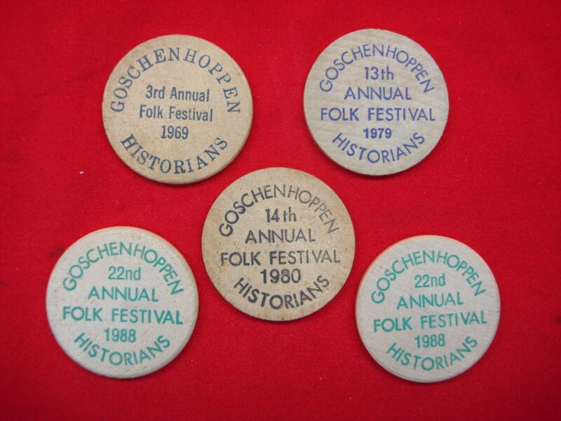 Set of five vintage wooden tokens from the Goschenhoppen Folk Festival in Pennsylvania