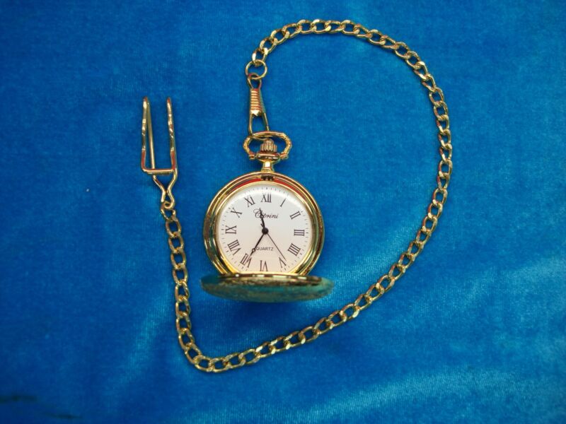 Vintage gold-plated CIBRINI quartz pocket watch with Roman numerals, unworn condition