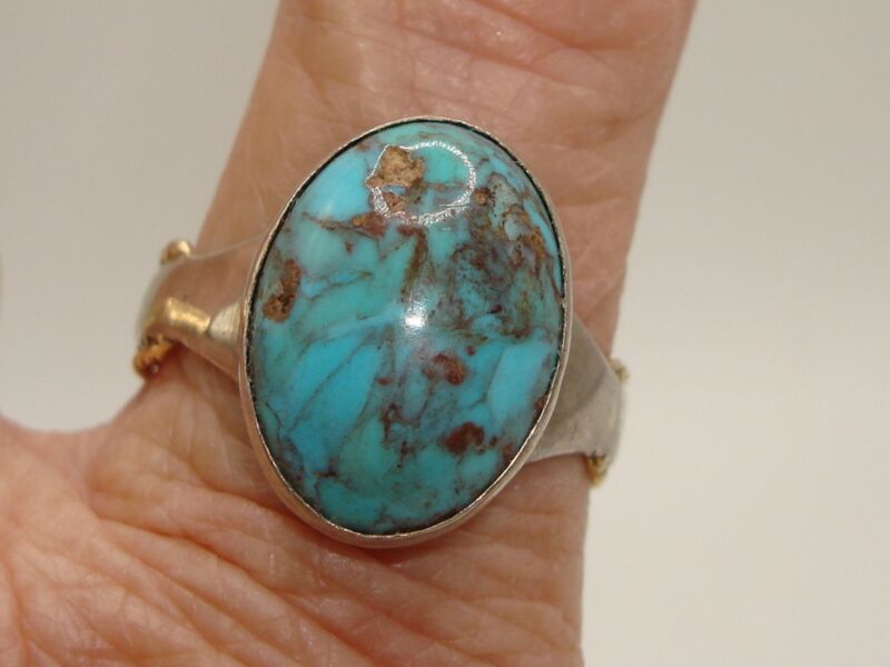 Vintage Sterling Silver & 14K Gold Turquoise Ring (Size 12)