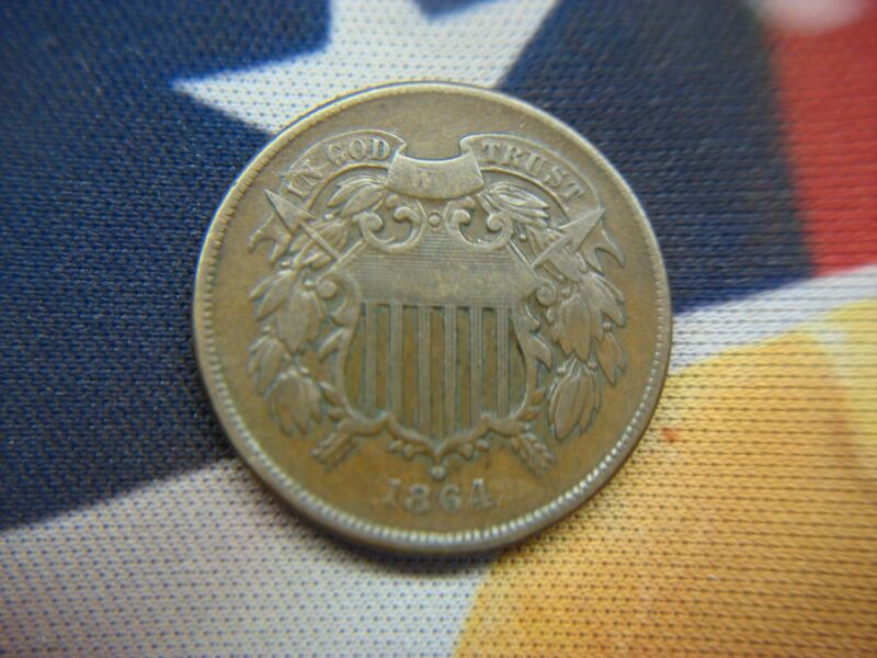 1864 Large Date Two Cent Piece - Copper Coin with Chocolate Toning & Beautiful Detail