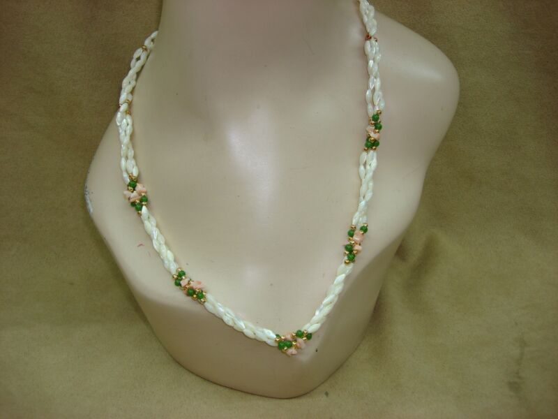 Vintage Mother of Pearl, Coral & Jade Glass Necklace - 22" Statement Piece