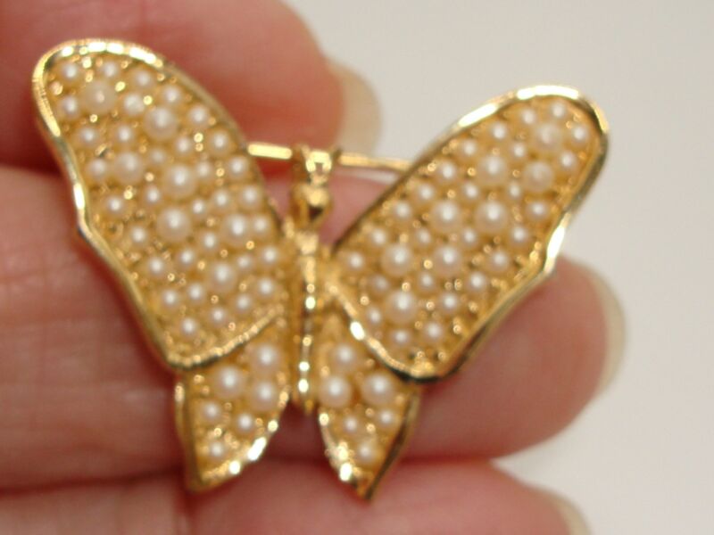 Vintage Trifari Crown Butterfly Brooch with Faux Pearls