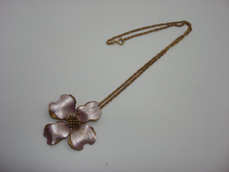 Vintage Lavender Pink Enameled Dogwood Blossom Pendant Necklace