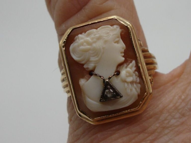 Antique Art Nouveau 10K Gold Shell Cameo Ring w/ Diamond Accent – Signed P.S. CO., Size 6 1/4