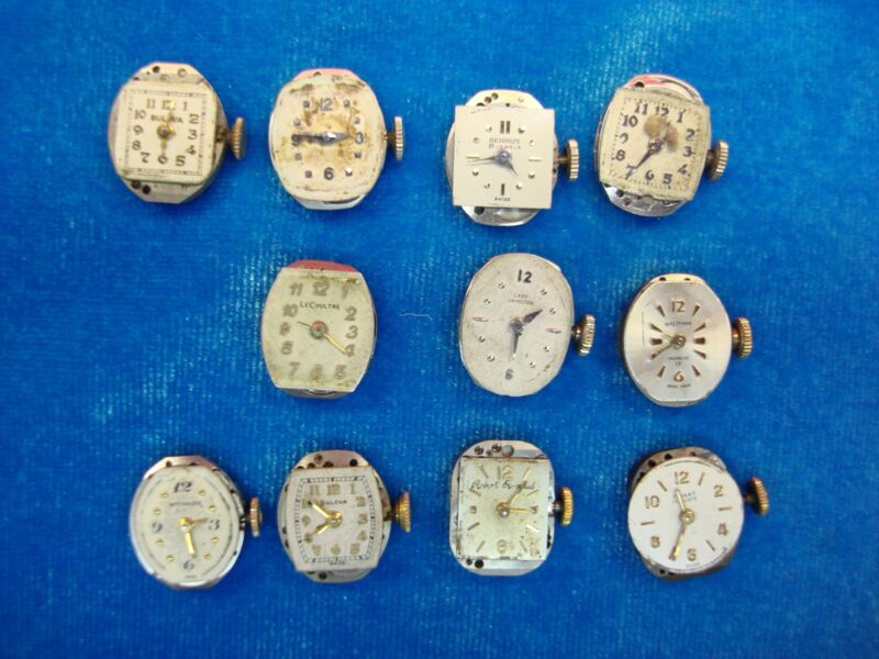 11 vintage gold-cased stem-wind watch movements ready for repair projects