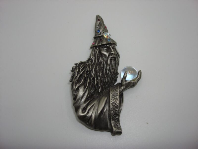 Vintage J.J. Jonette pewter wizard brooch pin with iridescent gazing ball