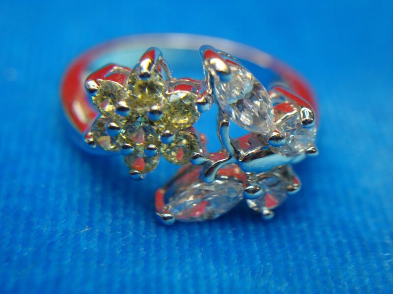 Sterling Silver Butterfly & Flower Ring with Citrine & Clear Stones (Size 5.5)