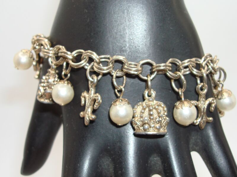 Vintage 1950s Faux Pearl Fleur-de-lis Bracelet - Gold Tone, Crown Accents