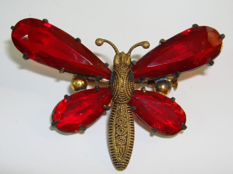 Vintage Czechoslovakia faceted glass butterfly brooch pin