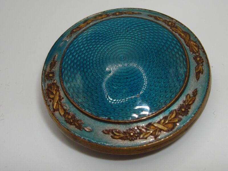 Antique Art Nouveau Guilloche Enamel Pill Box - Blue Floral Design