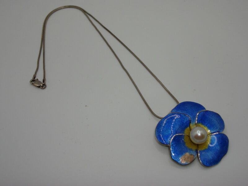 Nicole Barr Sterling Silver Enamel & Pearl Pin Pendant Necklace - Blue Flower Design