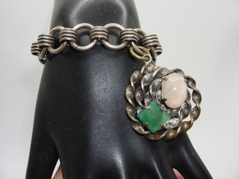 Vintage 1960s-70s lapis lazuli, quartz, and chrysoprase charm bracelet