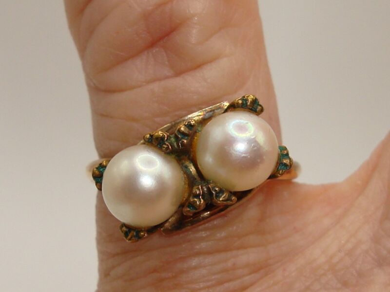 Vintage 10K gold filled double pearl ring by C&C, size 5.5
