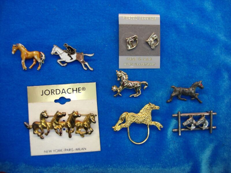 Vintage equestrian enamel pins and earrings set