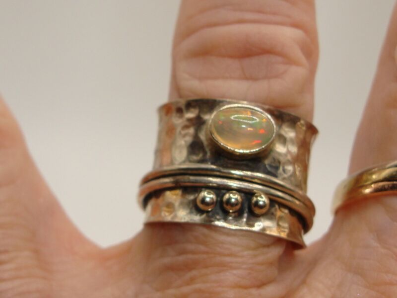 Artisan crafted sterling silver opalite spinner ring, size 8.5