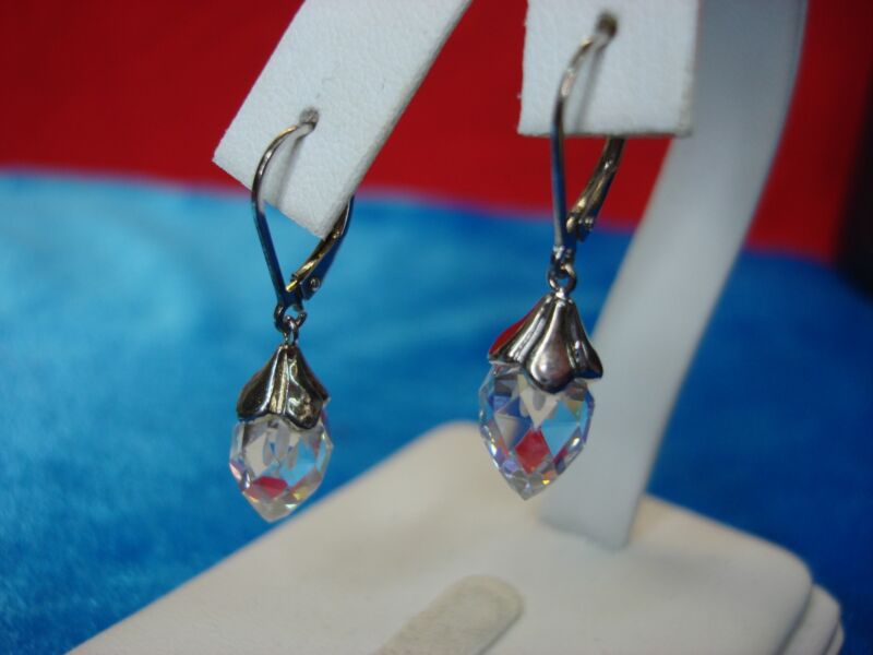 Sterling silver cone CZ dangle earrings, pre-owned, excellent condition