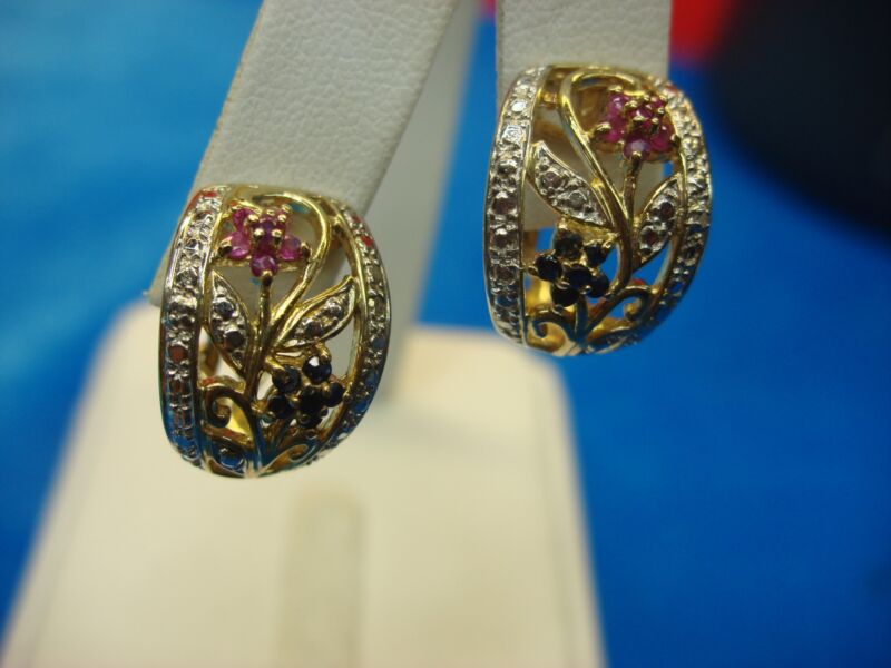 Sterling Silver Ruby & Sapphire Floral Earrings with Diamond Accent
