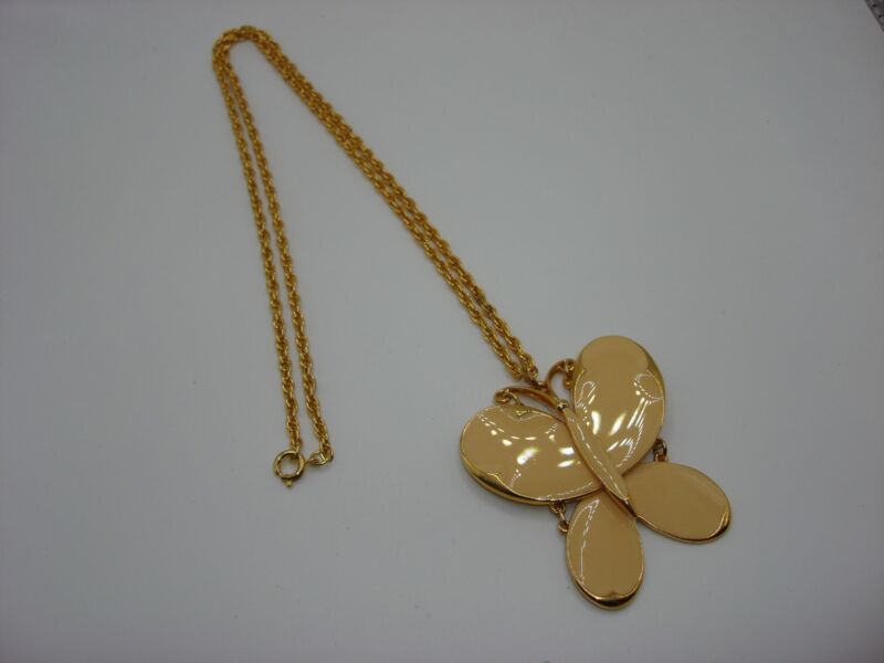 Vintage 1960s-70s enamel butterfly necklace, signed art, gold tone, three-dimensional