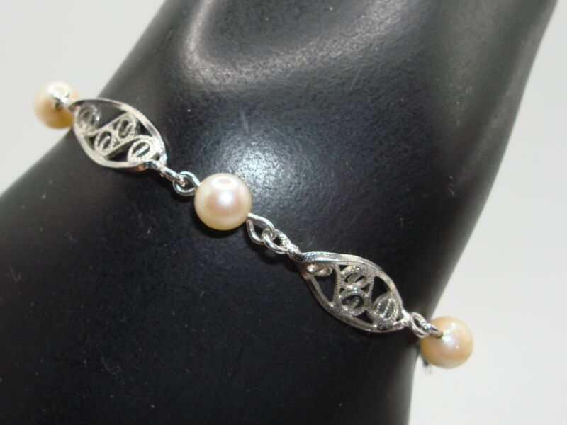 Vintage A&Z Sterling Silver Filigree Pearl Bracelet