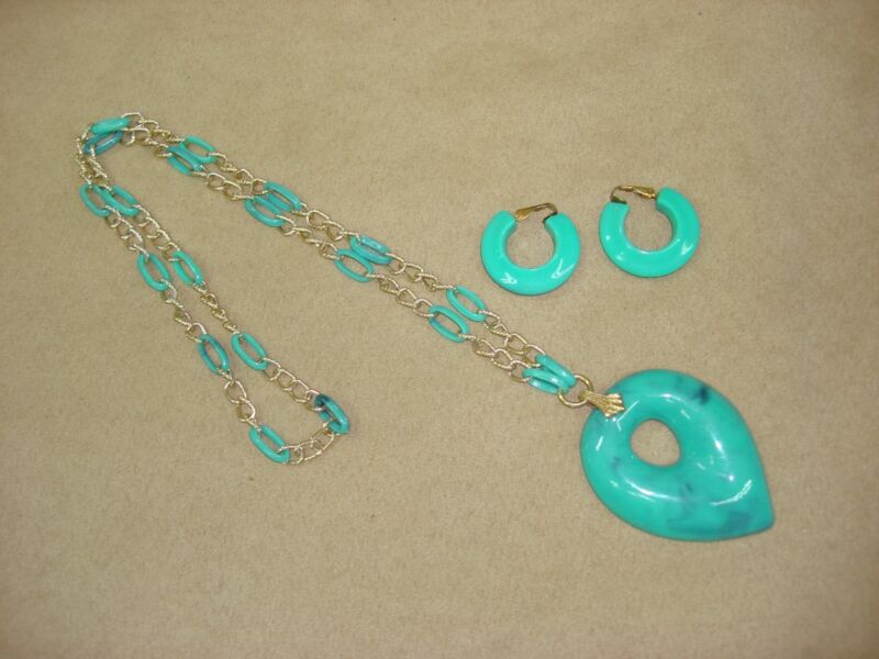 Vintage Hong Kong aqua lucite necklace and hoop earrings set