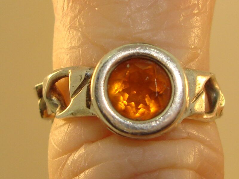 Vintage sterling silver chain ring with citrine gemstone, artist signed C.A., size 4