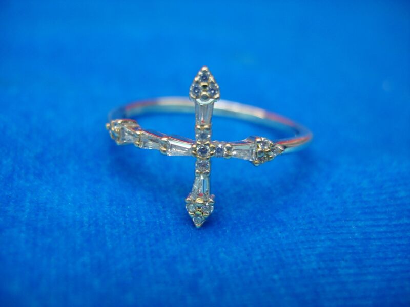 Sterling silver cross ring with round and baguette cut cubic zirconia stones, size 9