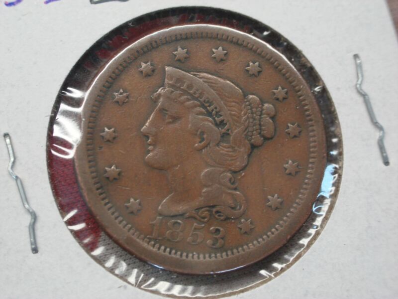 1853 US Large Cent, Braided Hair Type, Early Copper Coin