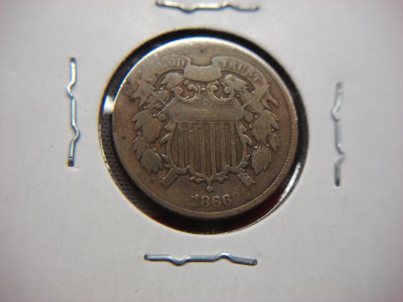 1866 US Two Cent Piece antique copper coin with chocolate patina and fine detail