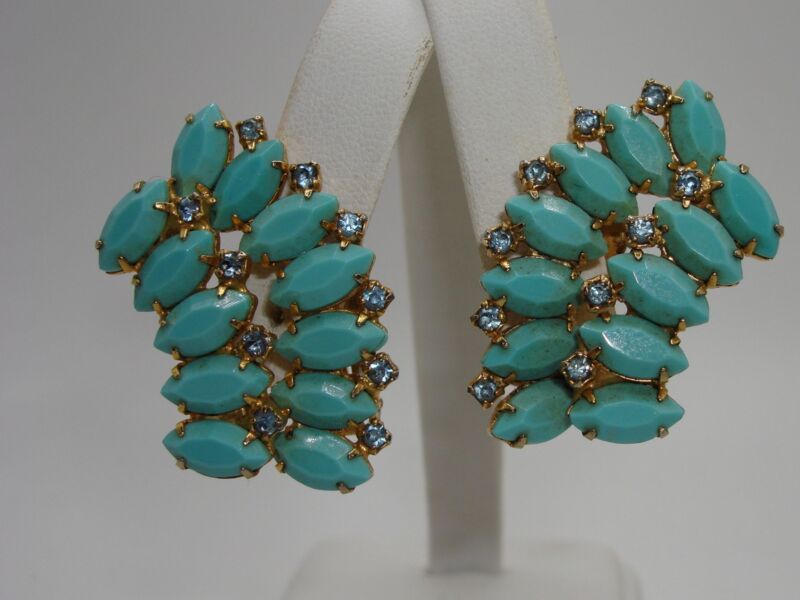 Vintage Kramer Aqua & Blue Rhinestone Clip-On Earrings