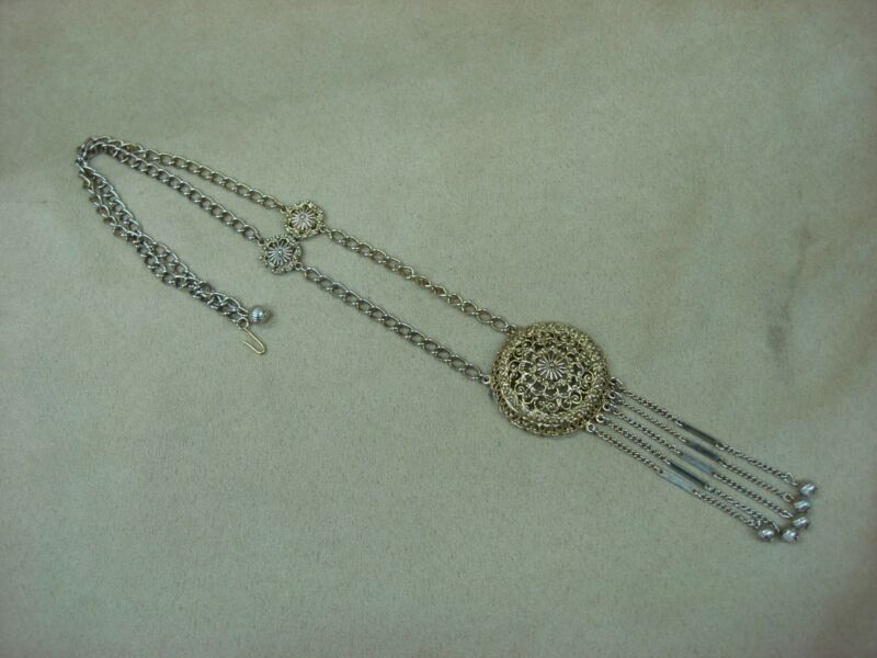 1970s gold-washed filigree fringe pendant necklace