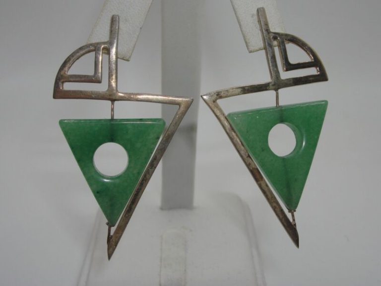 Vintage sterling silver and jadeite earrings, retro artisan-crafted estate find.