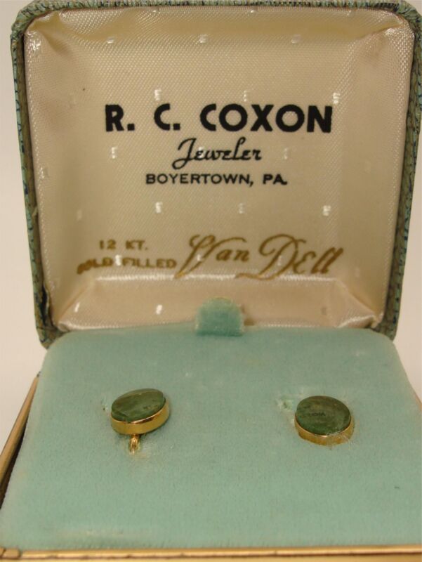 Vintage Van Dell gold filled jade earrings in original box with R.C. Coxon Jeweler markings