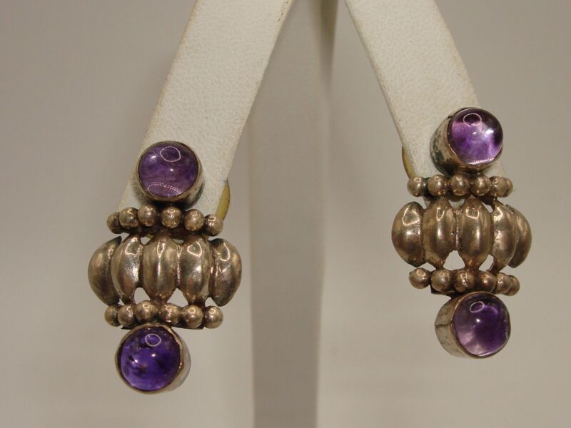 Vintage sterling silver amethyst cabochon earrings