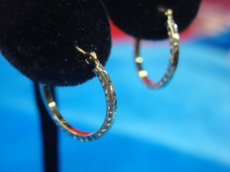 14K yellow gold hoop earrings, 3/4 inch diameter, fancy pattern, pre-owned, excellent condition