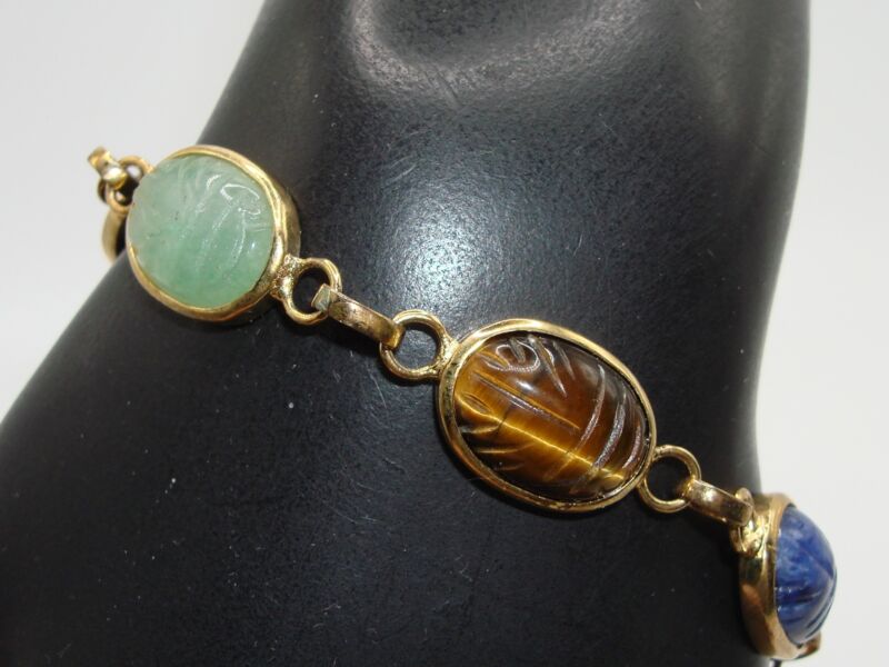 Vintage vermeil sterling silver scarab bracelet with semi-precious stones