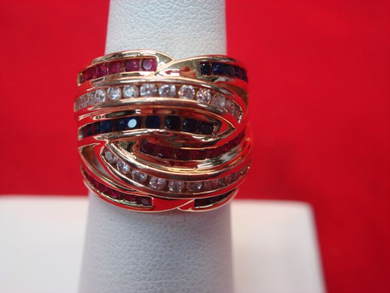 Sterling silver and gold vermeil ring with red, white, and blue stones - size 6.5