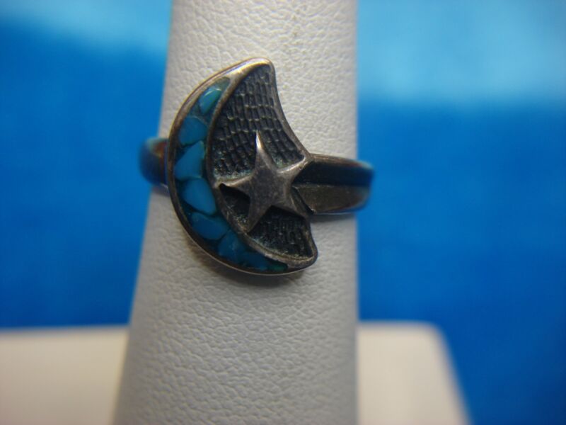 Vintage Sterling Silver Crescent Moon & Star Ring with Turquoise, Size 5 1/2