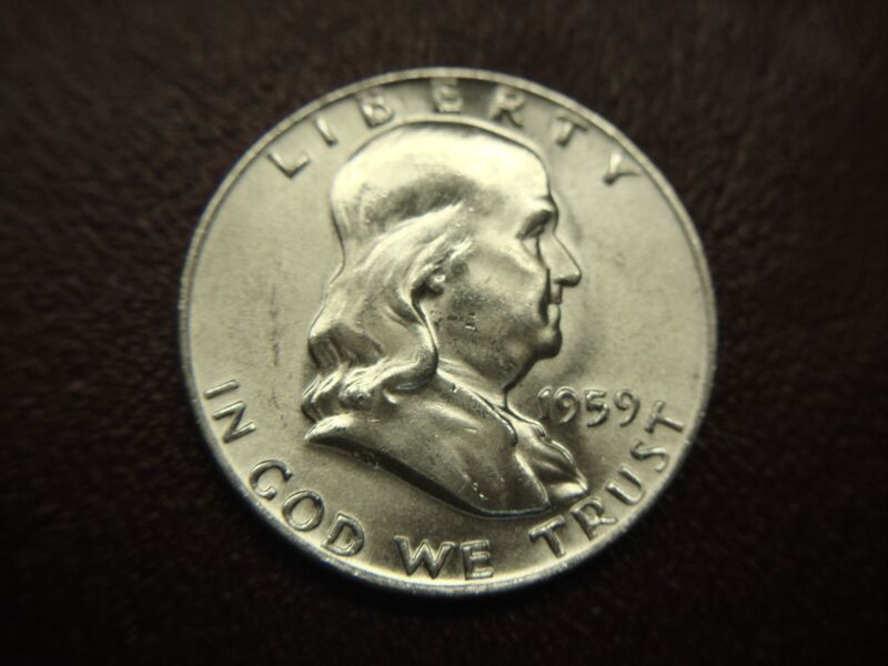 1959 Franklin Half Dollar, satin surfaces, uncleaned gem