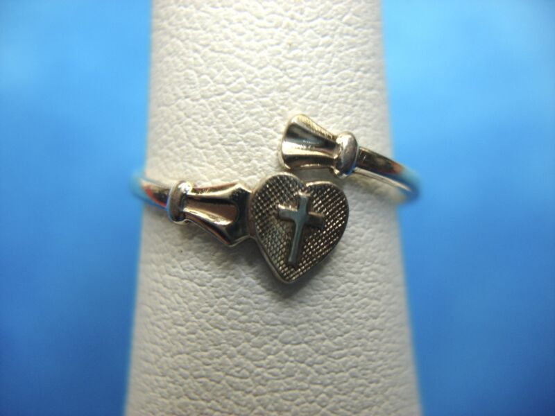Sterling Silver & Gold Vermeil Bypass Ring with Cross & Heart - Size 5