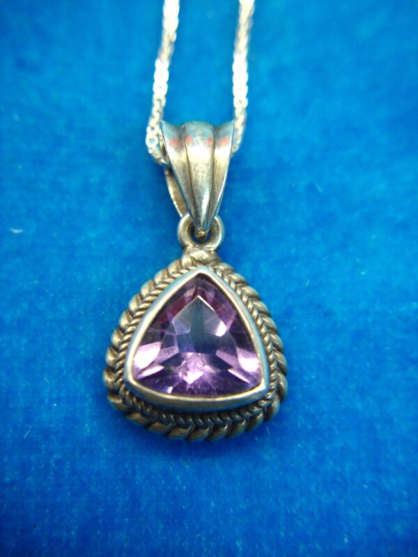 Genuine Sterling Silver Amethyst Pendant - Triangular Gemstone, 18" Chain