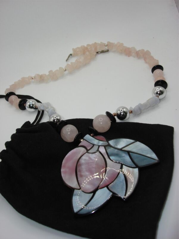 Lee Sands Rose Quartz & Onyx Necklace with Abalone Pendant